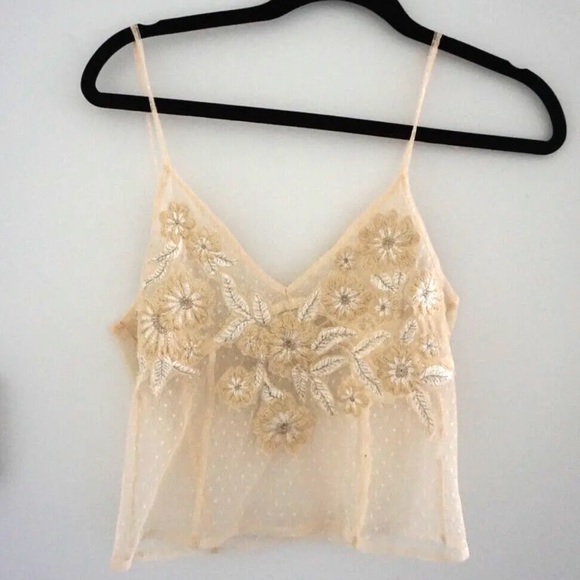 Zara Festival Crop Flower Embroidered Lace Sheer Cami Beige Small - Picture 2 of 5